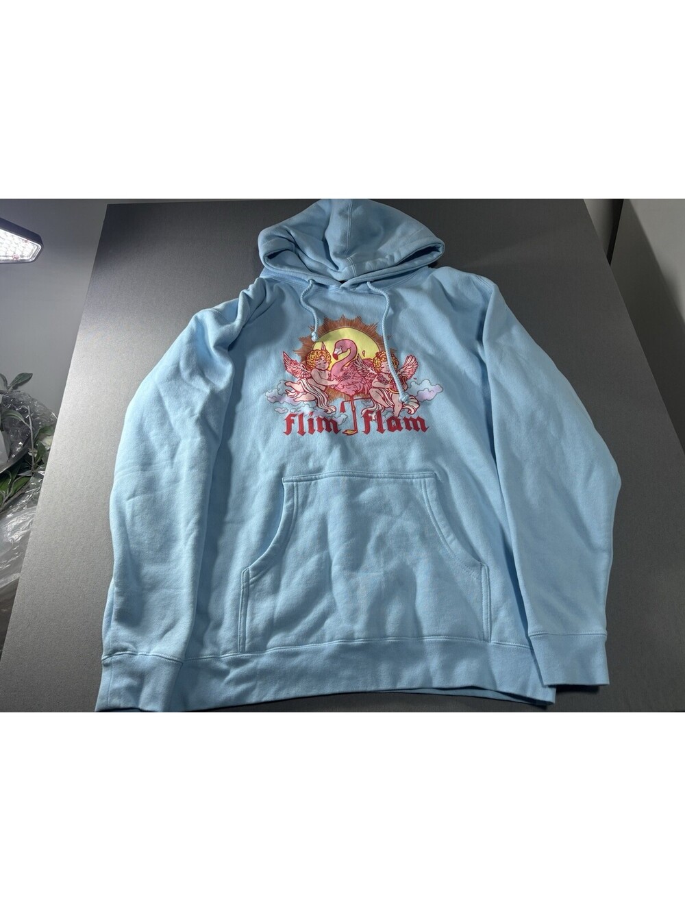 Flim Flam Angel Flamingo Blue Pullover LS Fleece Hoodie ADULT Large